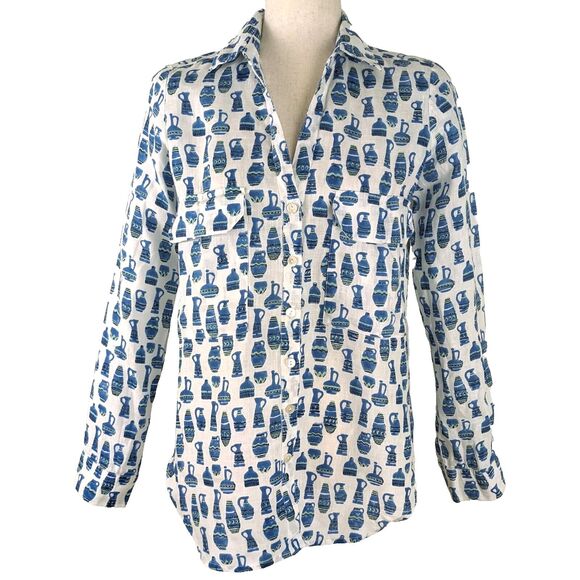 Roller Rabbit 100% Linen Women's XS Blue Urns Button Front Shirt - Picture 1 of 8